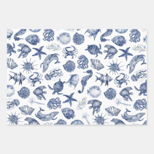 Blue Coastal Wrapping Paper Flat Sheet Set of 3