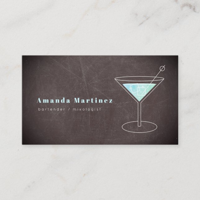 Blue Cocktail Bartender Mixologist Chalkboard Business Card (Front)