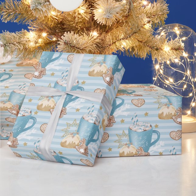 Blue Cocoa & Gingerbread Cookie Pattern Wrapping Paper (Holidays)