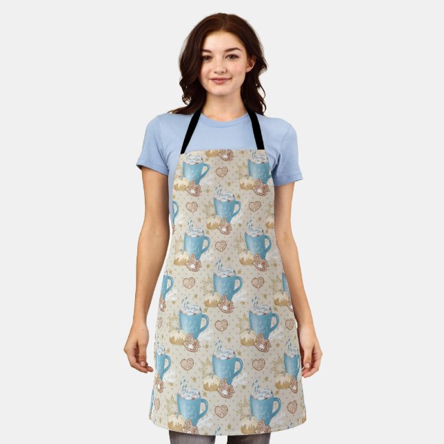 Blue Cocoa & Gingerbread Pattern on Beige Apron (Worn)