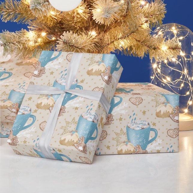 Blue Cocoa & Gingerbread Pattern on Beige Wrapping Paper (Holidays)