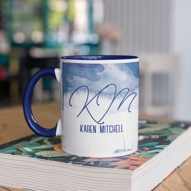 Blue Coffee Mug Monogrammed Watercolor Bluish (name and blue watercolor)