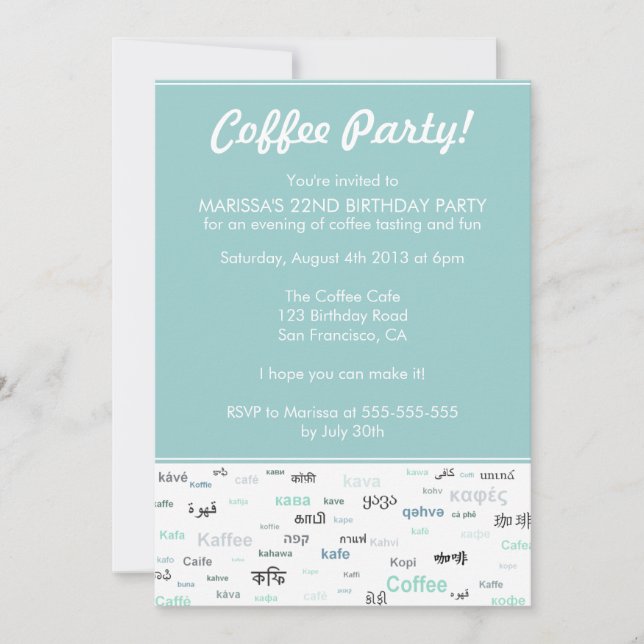 Blue Coffee themed birthday party invitations (Front)