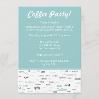 Blue Coffee themed birthday party invitations