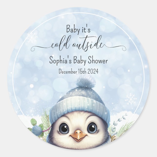 Blue Cold Outside Penguin Winter Baby Shower Classic Round Sticker (Front)