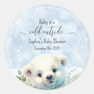 Blue Cold Outside Polar Bear Winter Baby Shower Classic Round Sticker