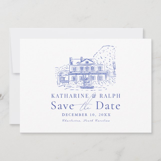 Blue Colonial House/Mansion/Manor Save the Date Invitation (Front)