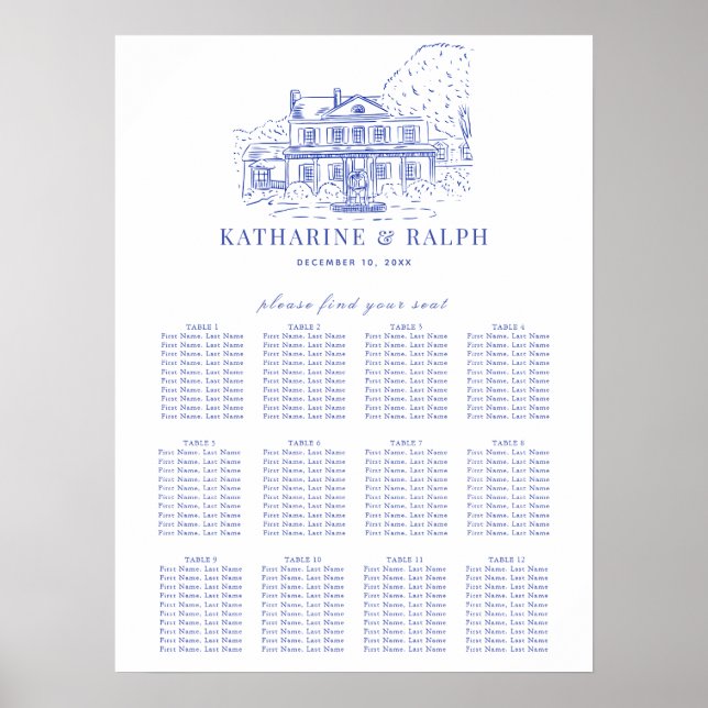 Blue Colonial House/Mansion/Manor Seating Chart (Front)