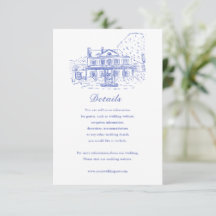 Blue Colonial House/Mansion Wedding Details Card