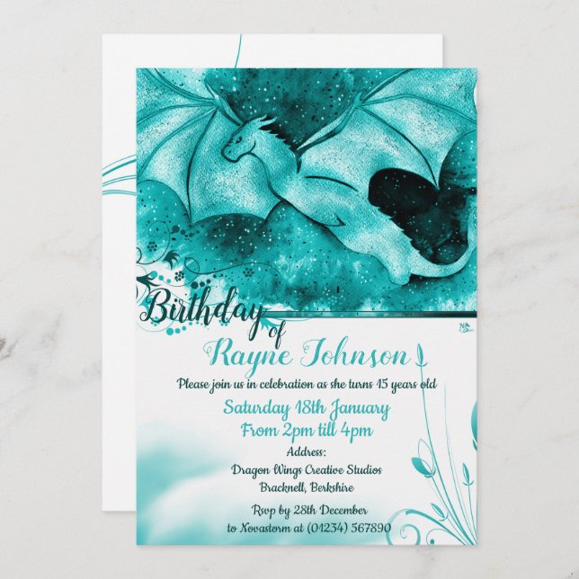 Blue Color Burst Dragon Invitations (Front/Back)