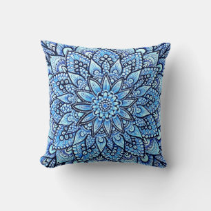 Blue Color Pencil Hand Drawn Mandala Design Cushion