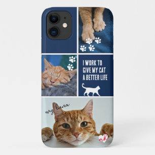 Blue Colorblock Cat Photo Collage Monogram Pet iPhone 11 Case