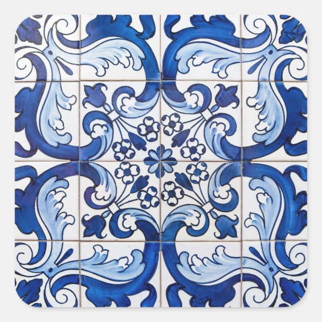 Blue Colour Antique Azulejo Tile Mosaic Square Sticker (Front)