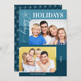 Blue Colour Block Happy Holidays 2 Photos Holiday Card