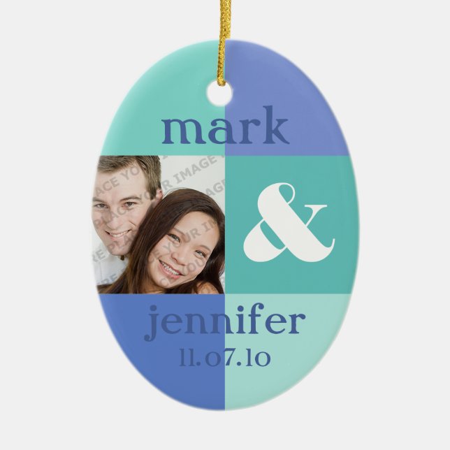 Blue Colour Block Photo Wedding Ornament (Front)
