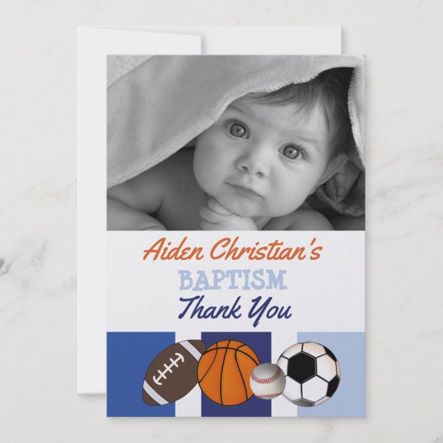 Blue Colour Block Sports Baptism Photo Thank You Card (Front)