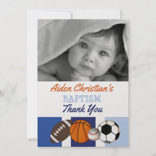 Blue Colour Block Sports Baptism Photo Thank You Card