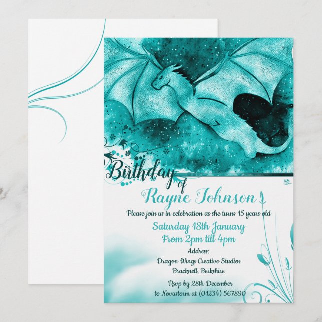 Blue Colour Burst Dragon Invitations (Front/Back)