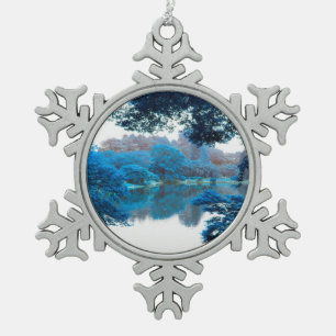 Blue colour effected cool, unique nature, lake snowflake pewter christmas ornament