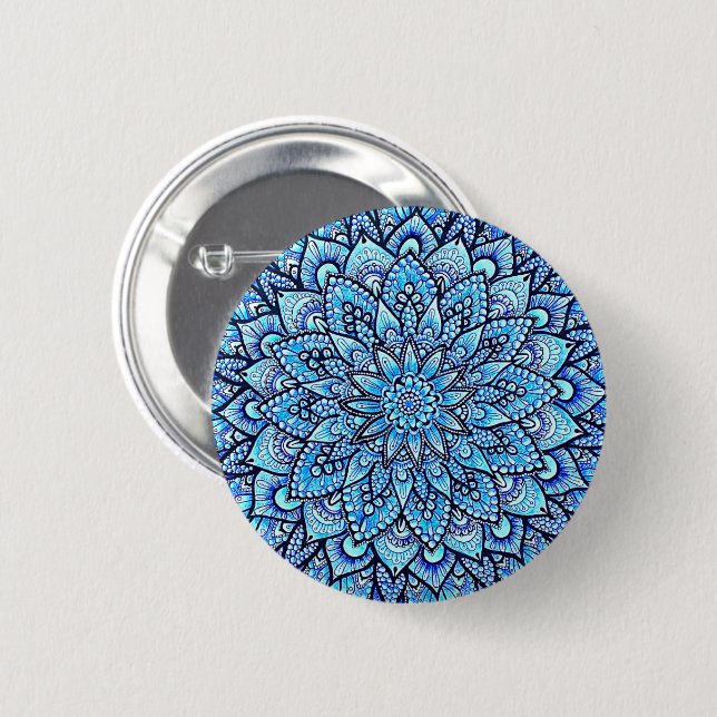 Blue Colour Hand Drawn Mandala Design Pin Button (Front & Back)