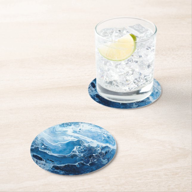 Blue Colour Marble Pattern Round Paper Coaster (Insitu)