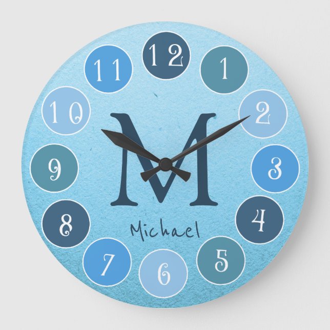 Blue Colour Palette Simple Monogram Kids Large Clock (Front)