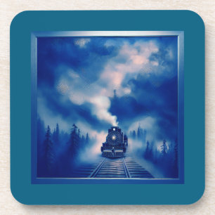Blue Colour Scene With Old Steam Locomotive Coaster