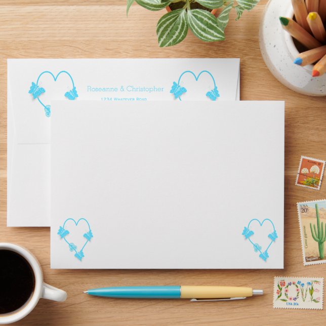 Blue Coloured Butterfly Heart Design Wedding Envelope (Desk)