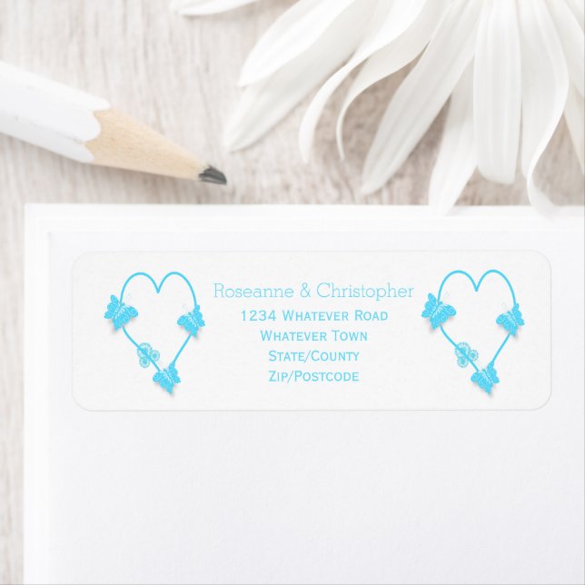 Blue Coloured Butterfly Heart Design Wedding Return Address Label (Insitu)