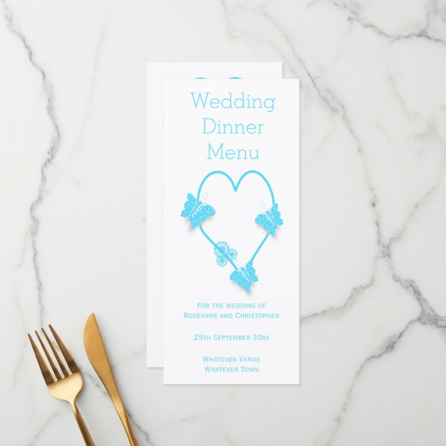 Blue Coloured Butterfly Heart Wedding Dinner Menu (Front/Back In Situ)