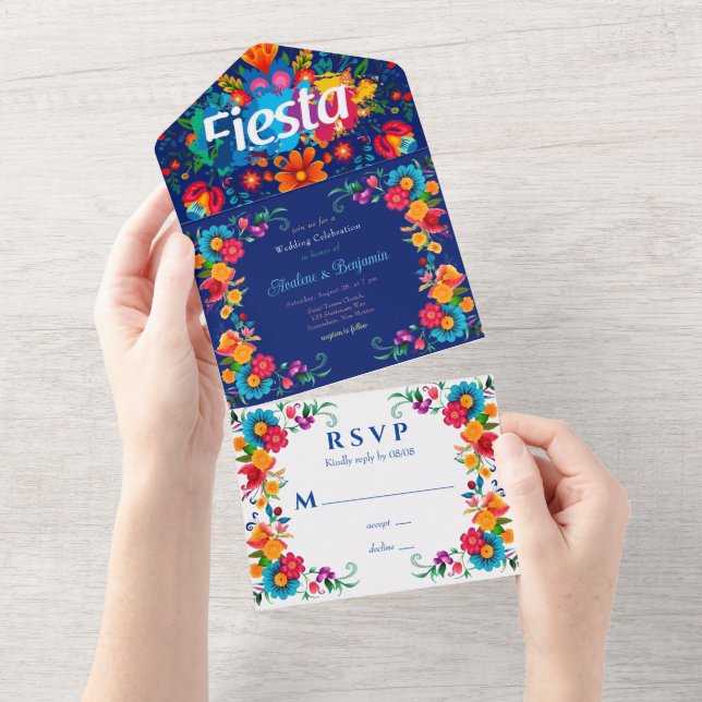 Blue Colourful Mexican Fiesta Wedding Celebration  All In One Invitation (Tearaway)