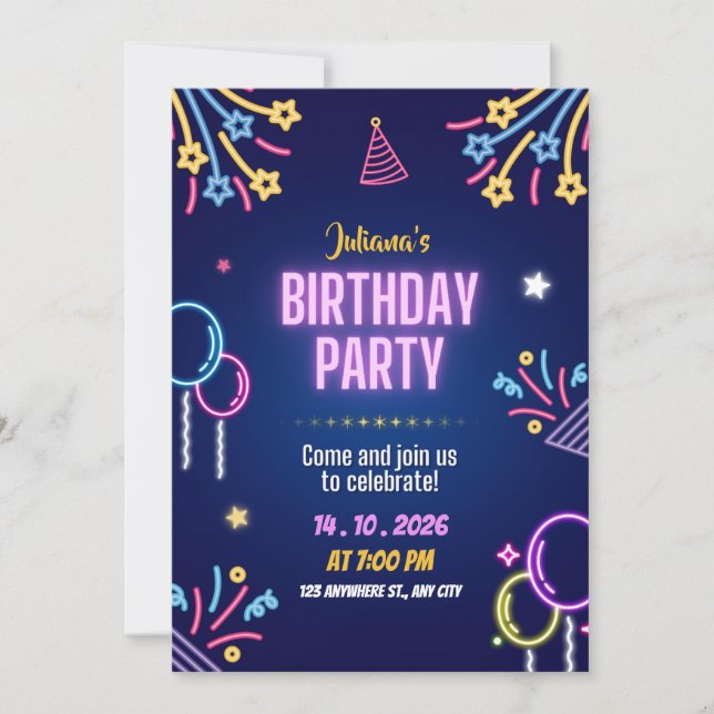 Blue Colourful Neon Birthday Party Invitation (Front)