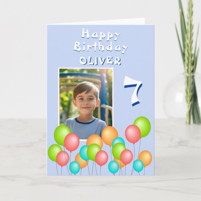 Blue Colourful Party Balloons Kid Birthday Photo Card (Front)