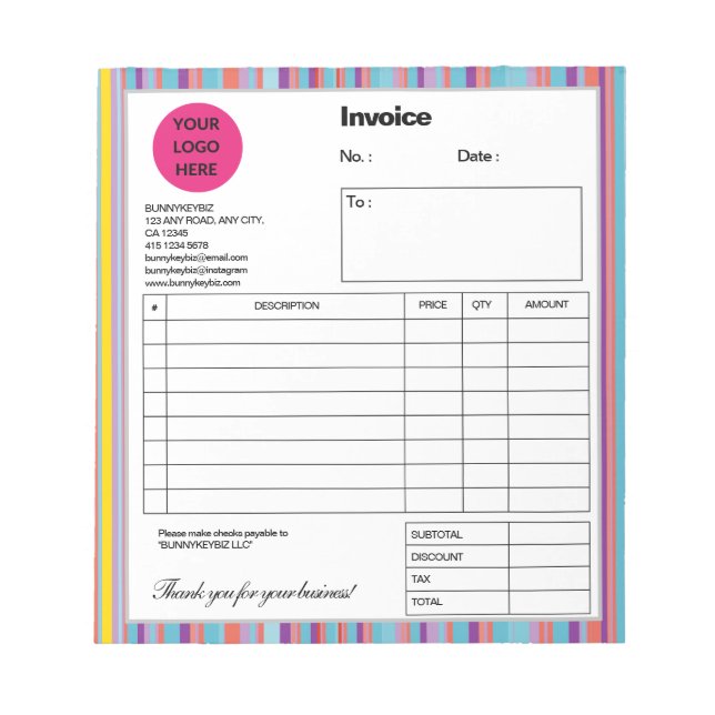 Blue Colourful Stripe Company Business Shop Invoic Notepad (Front)