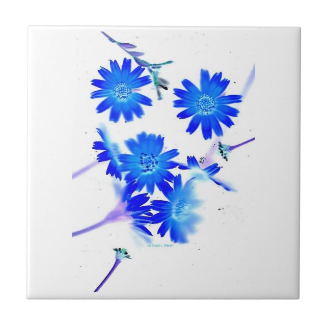 Blue colourized wild flowers scattered design ceramic tile (Front)