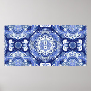Blue colours vintage geometric pattern. Light indi Poster