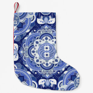 Blue colours vintage geometric pattern. Light indi Small Christmas Stocking