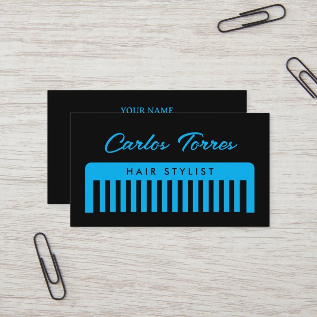 Blue comb logo hair stylist business card template (Front/Back In Situ)