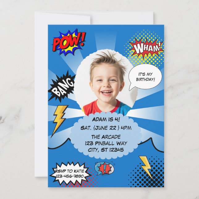 Blue Comic Birthday Party Invitation (Front)