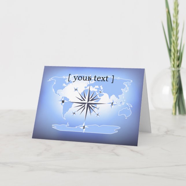 Blue Compass Rose World Map Card (Front)