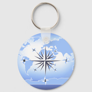 Blue Compass Rose World Map Key Chain