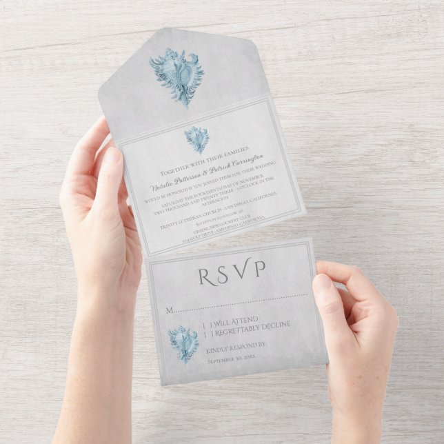 Blue Conch Shell All in One Wedding Invite (Tearaway)