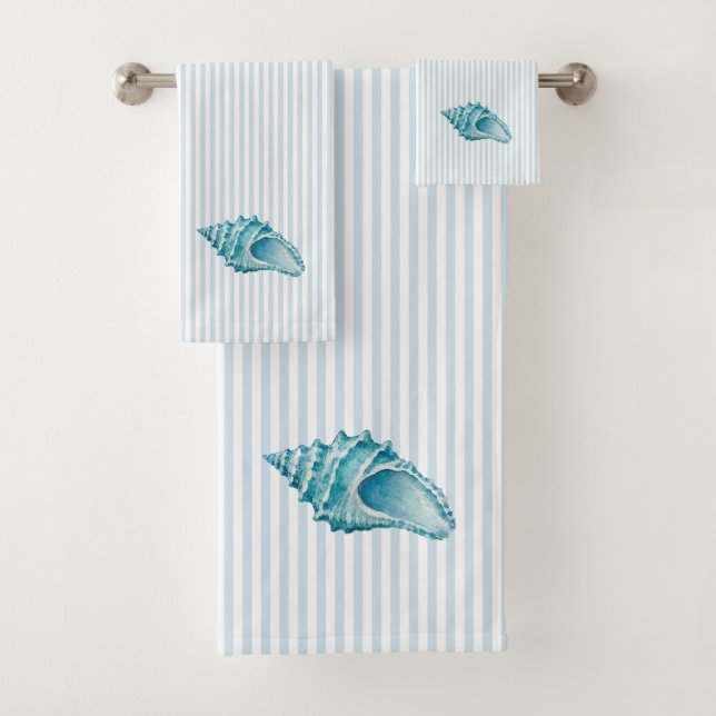 Blue Conch Shell Seashell Painting Blue Stripe Bath Towel Set (Insitu)