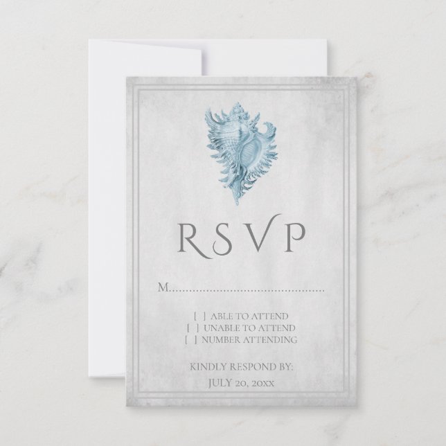 Blue Conch Shell Wedding RSVP Card (Front)