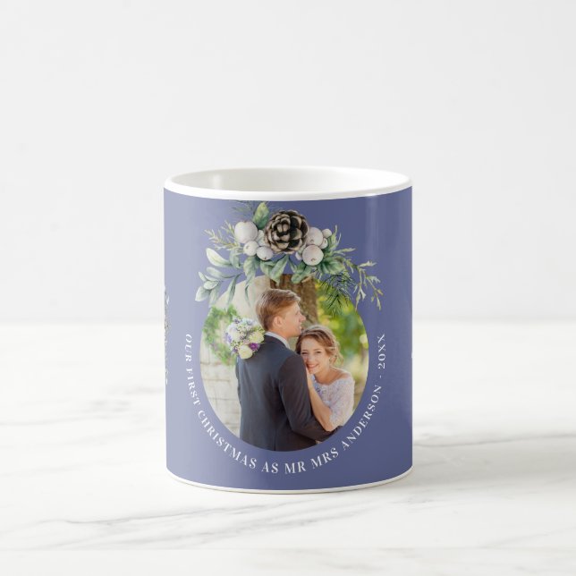 Blue cone newly weds 1st christmas photo coffee mug (Center)
