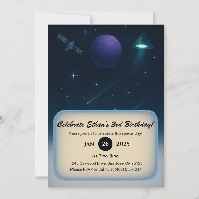 Blue Cone UFO & Planet Space Birthday  Invitation (Front)