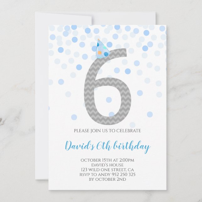 Blue Confetti Boy Party 6th Birthday Invitation (Front)