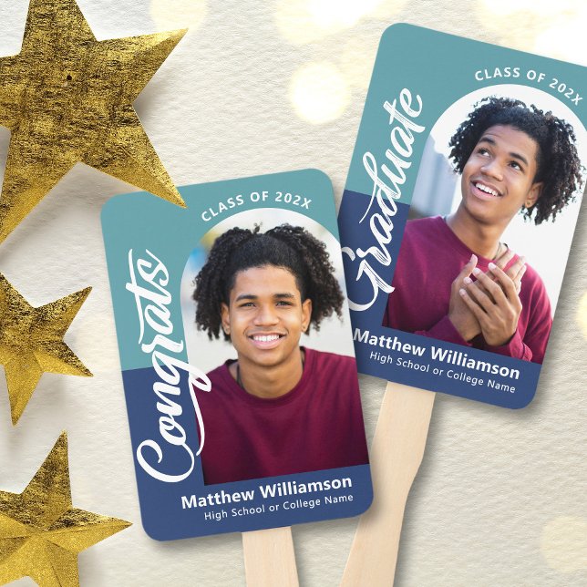 Blue Congrats Grad 2 Photos Arch Bold Script Retro Hand Fan (Creator Uploaded)