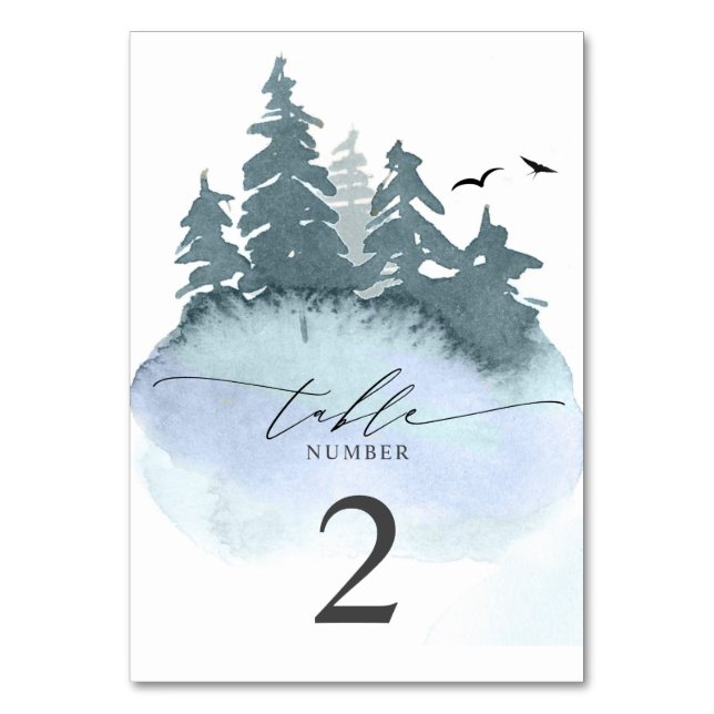 Blue Coniferous Forest & Mountains Wedding Table Number (Front)