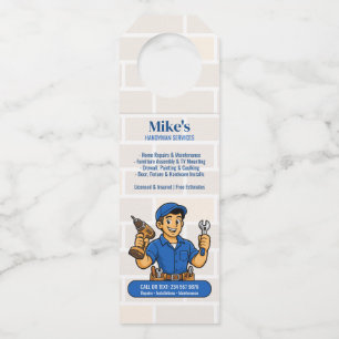 Blue Construction Cartoon Man Home Repair services Bottle Tag